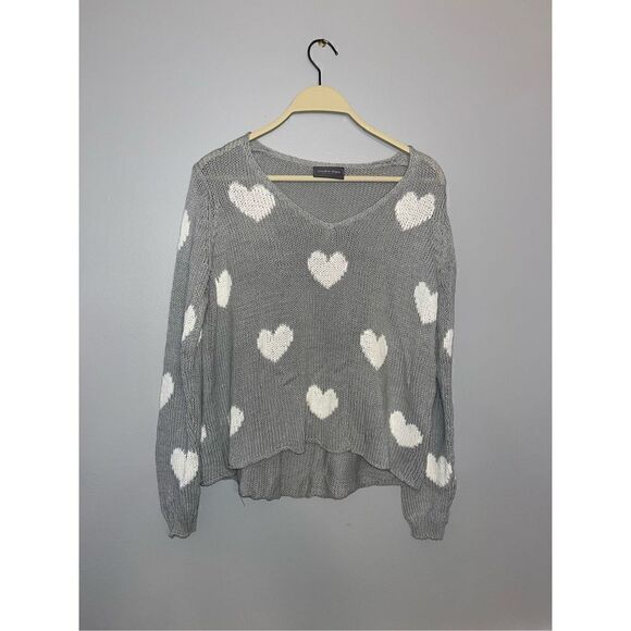 Wooden Ships Sweaters - Wooden Ships Besotted Hearts V-Neck Sweater Gray & White Size XS/S